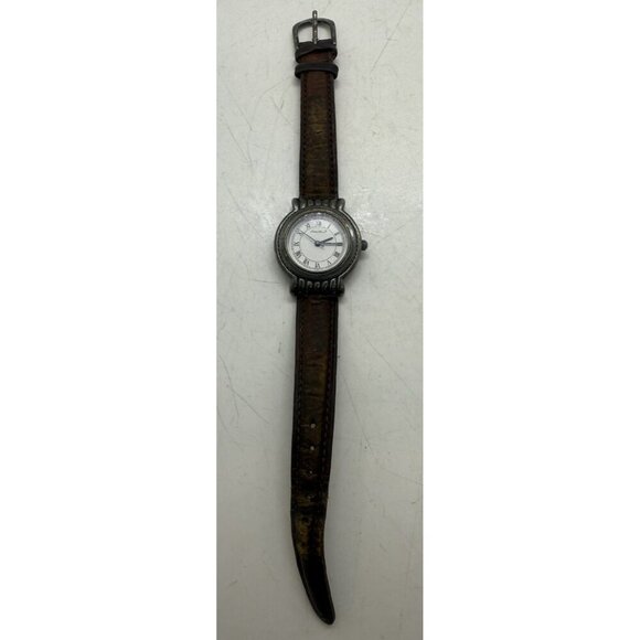 Vtg Eddie Bauer Bronze Silver Toned Date Watch 5ATM WR 42102 Brown Leather Band - Picture 3 of 7